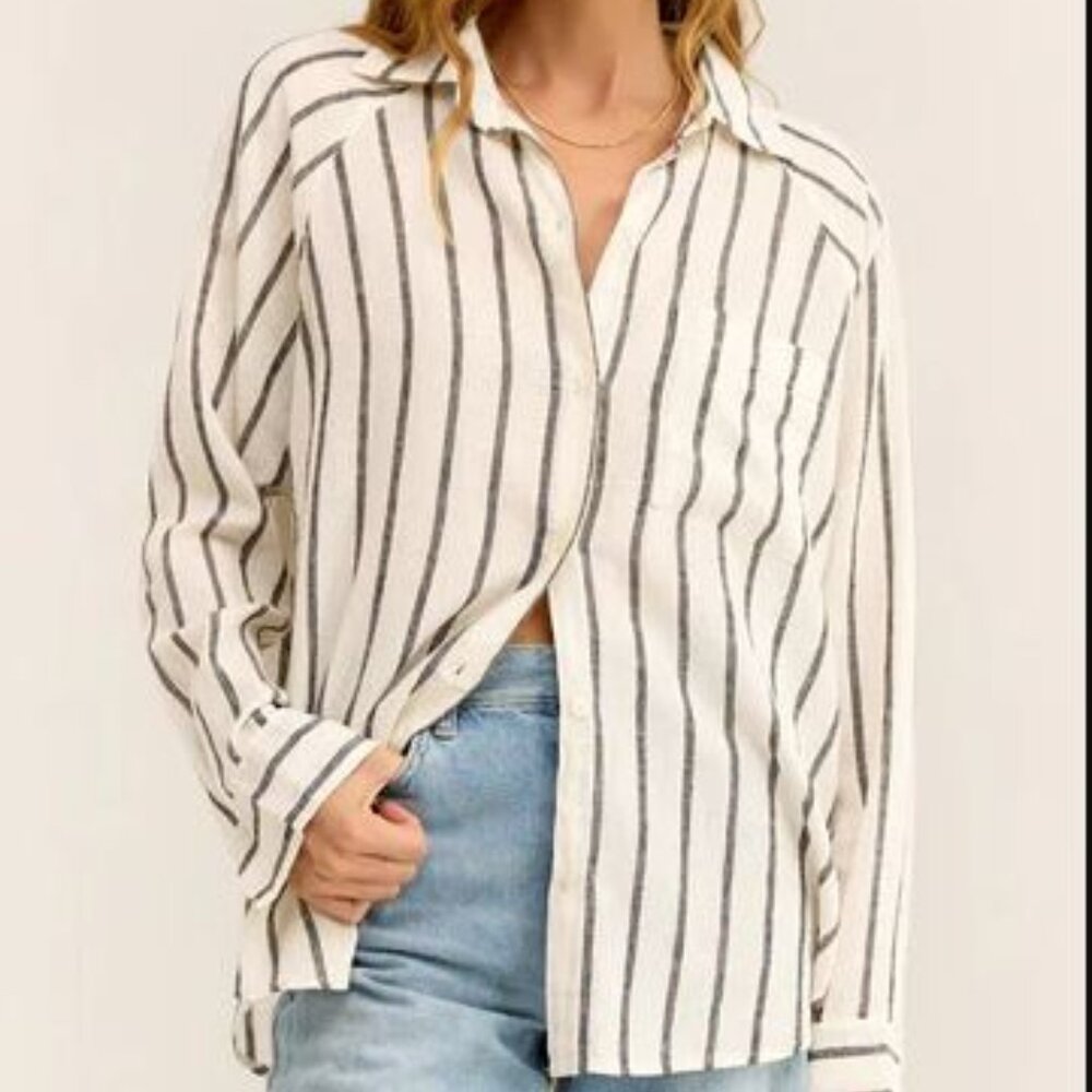 NWT Womens Z Supply The Perfect Line Button Down Shirt White w/ Black Stripes
